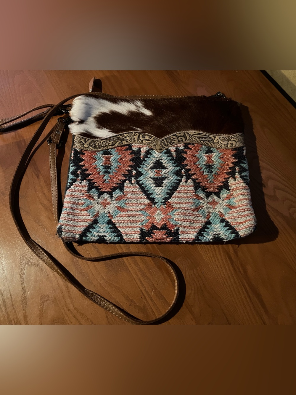 Myra Rose Dash Southwestern Woven & Cowhide Crossbody Bag in Coral, Aqua & Brown